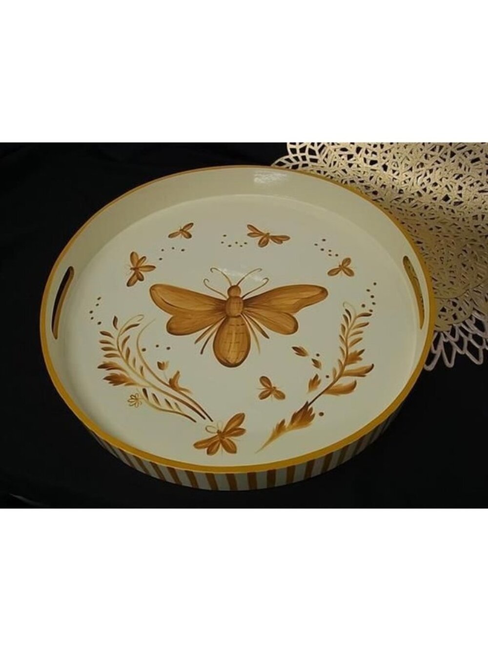 Dior Bee Large Round Tray with Bee Mat Serving Cream Brown